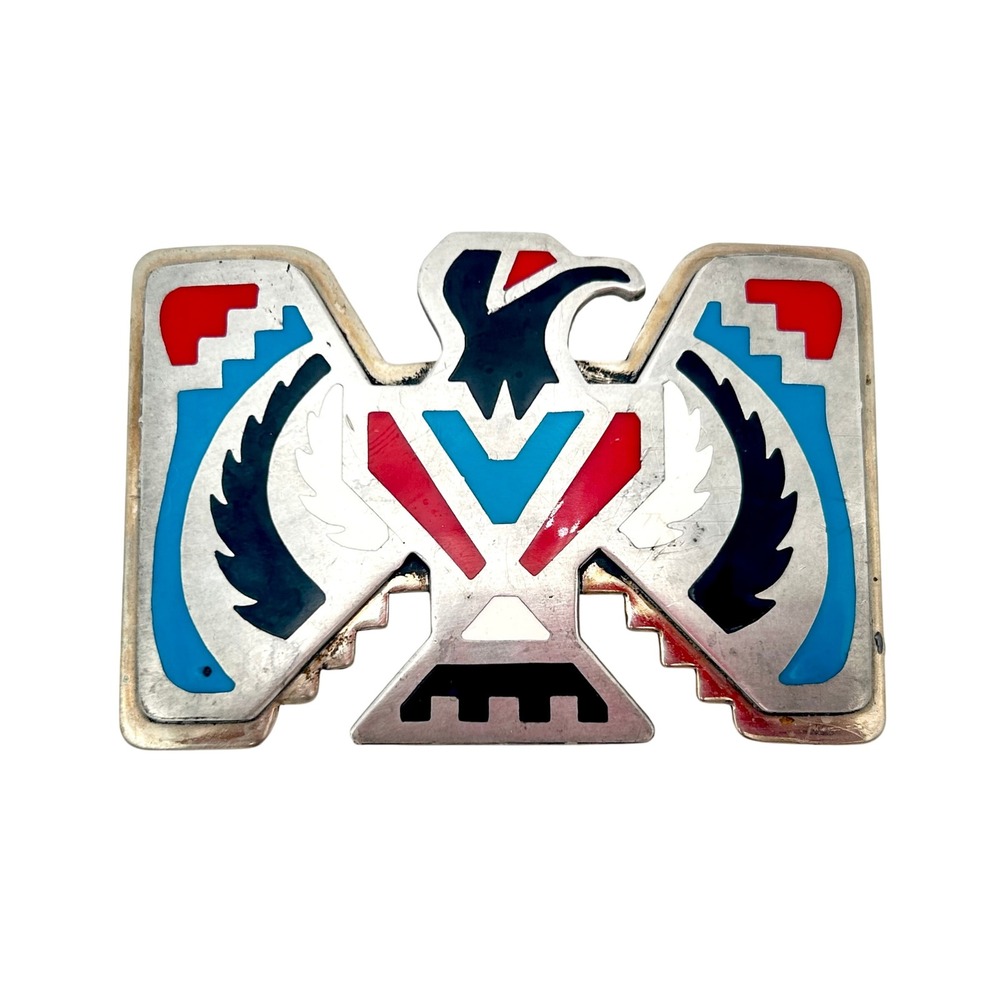 B-K Silversmiths Vintage Thunderbird Belt Buckle Phoenix Arizona Enamel Inlay